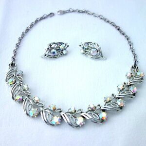 Vintage Signed Coro Aurora Borealis AB Rhinestone Necklace & Clip Earring Set